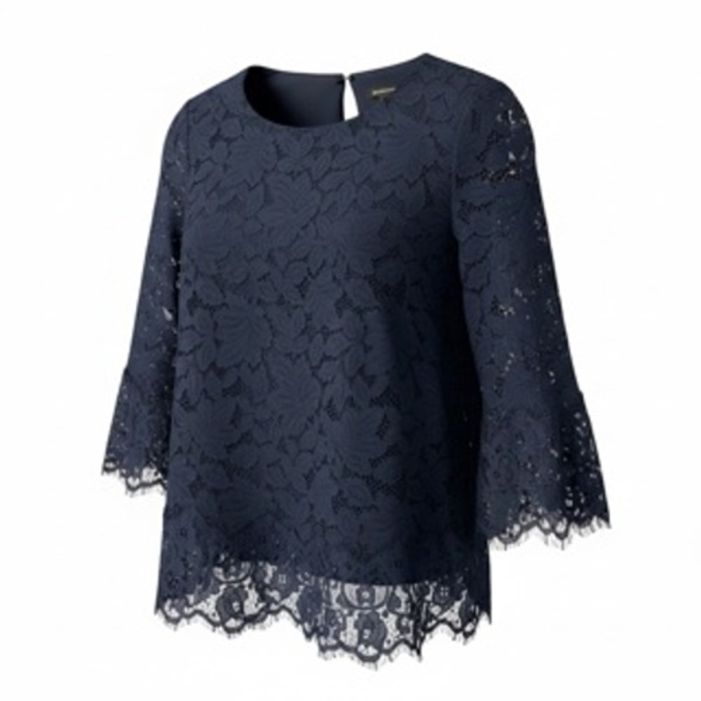 Banana Republic‎ Navy Blue Floral Lace Bell Sleeve Blouse XS Scalloped Hem Top